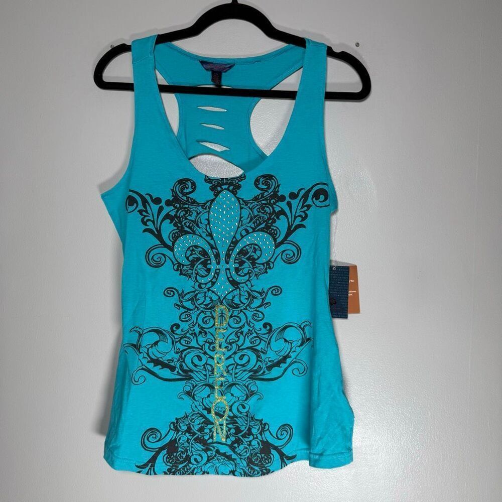 NWT Dereon Aqua Rhinestone Fleur-De-Lis Y2K Glam Tank Top